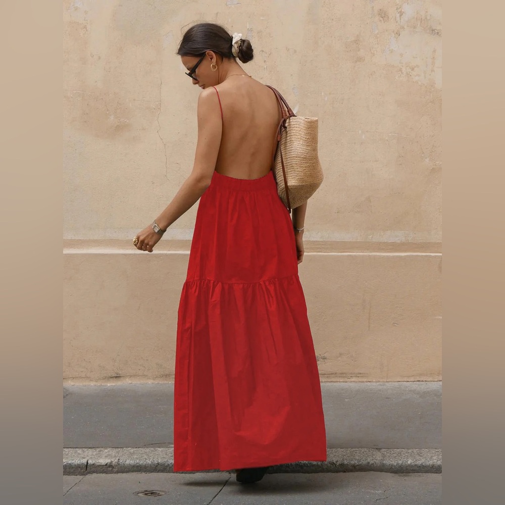 Commense Solid Backless Long Dress Red 
Size M